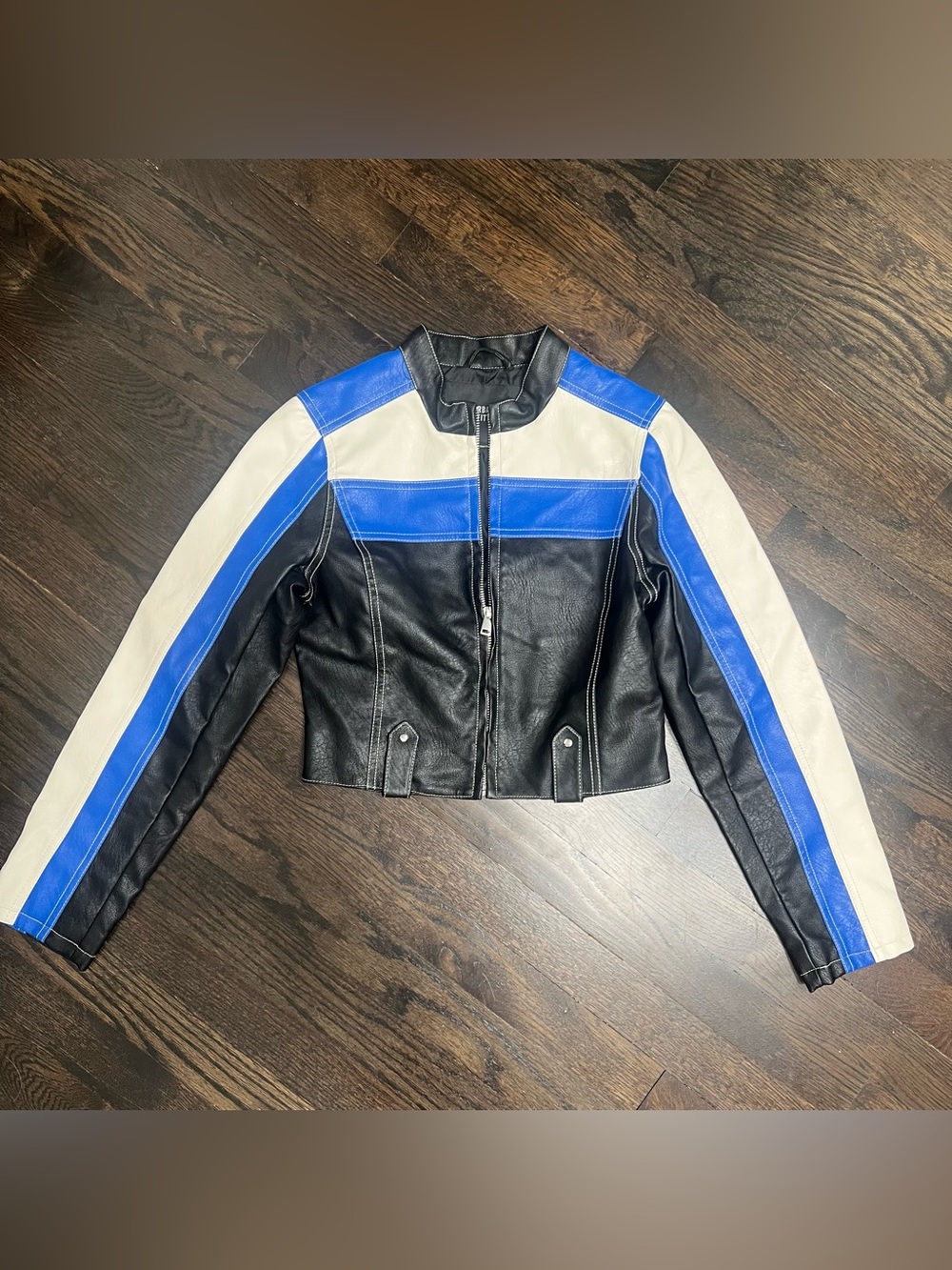 Urban Outfitters Black Blue Cream Faux Leather Moto Racer Jacket XS